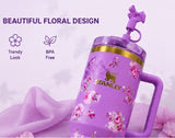 40oz Floral Stainless Steel Tumbler with Handle & Straw Lid