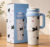 Cute Insulated Travel Tumbler with Handle & Straw – Reusable Coffee & Water Cup