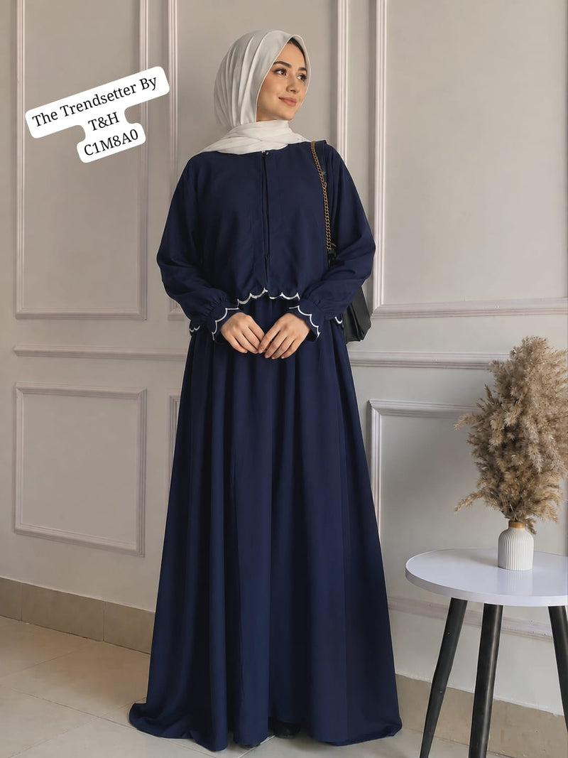 Elegant Navy Blue Modest Maxi Abaya Dress for Women – Front Zip Long Sleeve Islamic Wear