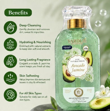 Yardlie Professional Avocado Jasmine Perfume Fragrance Body Wash 500ml | Hydrating & Refreshing Shower Gel