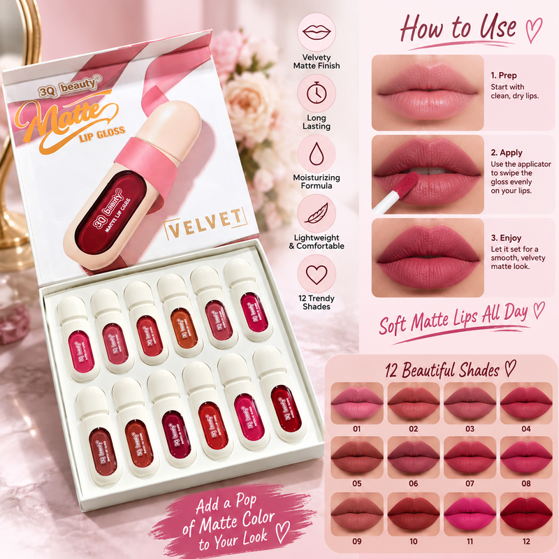 3Q Beauty Velvet Matte Lip Gloss Set – 12 Long Lasting Waterproof Lip Gloss Shades