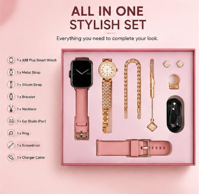 A58 Plus Smart Watch Gift Set – 10-in-1 Bluetooth Smartwatch with Premium Accessories
