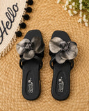 Women’s Black Floral Flat Slippers – Elegant Flower Slide Sandals, Comfortable Casual Summer Slip-On Flats