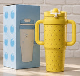 Cute Insulated Travel Tumbler with Handle & Straw – Reusable Coffee & Water Cup