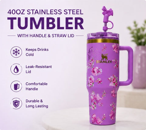 40oz Floral Stainless Steel Tumbler with Straw