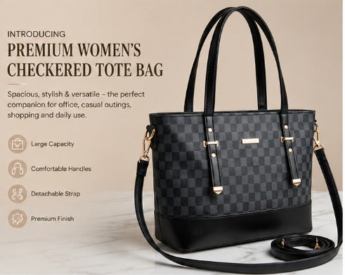 Premium Women’s Checkered Tote Handbag with Shoulder Strap | Large Capacity Office & Casual Bag