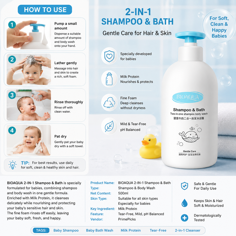 BIOAQUA 2-in-1 Baby Shampoo & Bath with Milk Protein – Gentle Hair & Body Wash