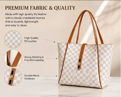 Premium Women’s Checkered Tote Handbag | Elegant Large Shoulder Bag