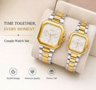 Luxury Couple Watch Set – Rose Gold & Silver Stainless Steel Matching Watches