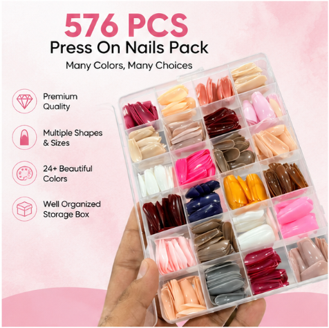 576 Pcs Multicolor Press-On Nails Pack – Nail Tips Set