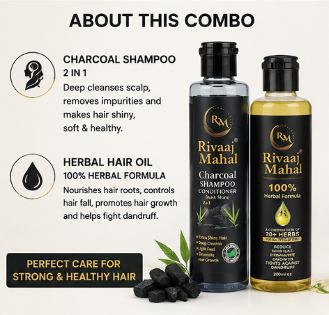 Rivaj Mahal Oil & Charcoal Shampoo 2-in-1 Hair Care Deal – Pack of 2