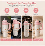 Cute Insulated Travel Tumbler with Handle & Straw – Reusable Coffee & Water Cup