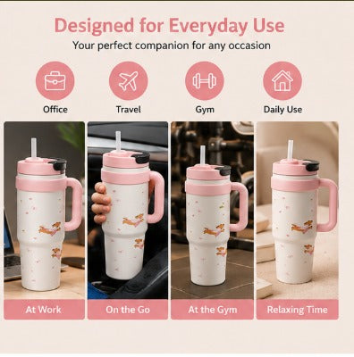 Cute Insulated Travel Tumbler with Handle & Straw – Reusable Coffee & Water Cup