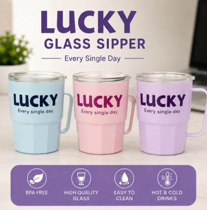 LUCKY Glass Sipper Mug with Handle & Straw | Leak-Proof Glass Tumbler | Hot & Cold Drink Cup