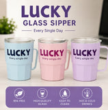 LUCKY Glass Sipper Mug with Handle & Straw | Leak-Proof Glass Tumbler | Hot & Cold Drink Cup