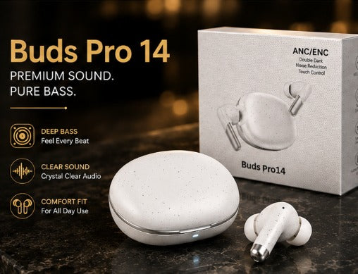 Buds Pro 14 Wireless Bluetooth Earbuds with ANC/ENC Noise Cancellation & Type-C Charging