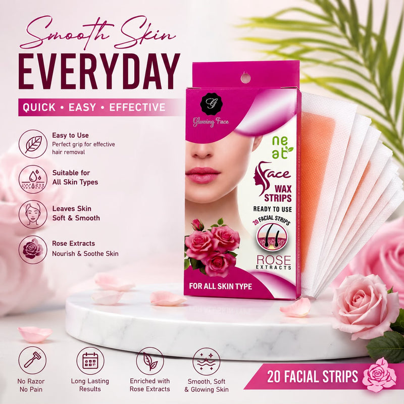Glowing Face Face Wax Strips – 20 Strips Pack (10 Double-Sided Strips) | Easy Hair Removal