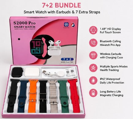 S2000 Pro Smart Watch 7+2 Bundle – Bluetooth Calling Smartwatch with Wireless Earbuds & 7 Interchangeable Straps