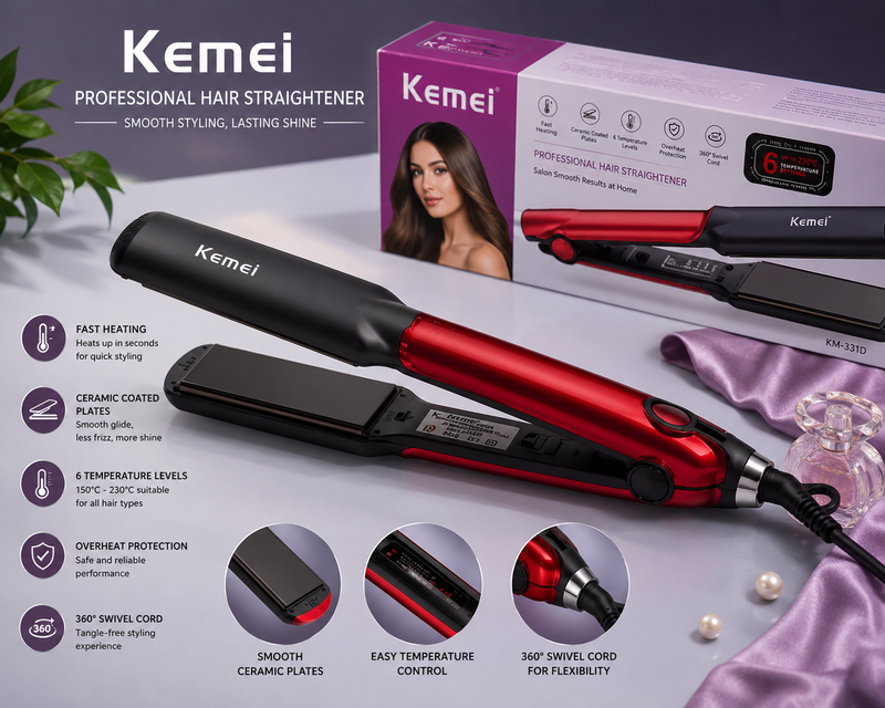 Kemei Professional Hair Straightener – Fast Heating Ceramic Hair Styling Iron