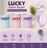 LUCKY Glass Sipper Mug with Handle & Straw | Leak-Proof Glass Tumbler | Hot & Cold Drink Cup