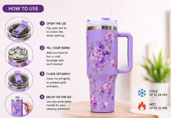 40oz Floral Stainless Steel Tumbler with Straw