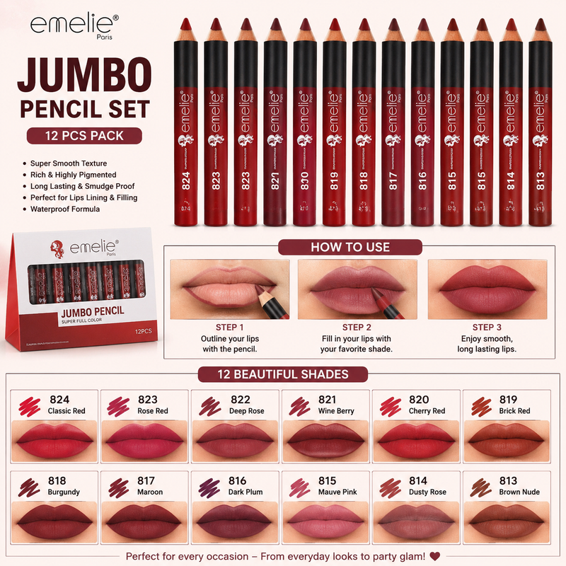 Emelie Jumbo Pencil Set – 12 PCS Multi-Purpose Makeup Pencil Pack