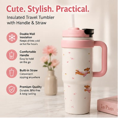 Cute Insulated Travel Tumbler with Handle & Straw – Reusable Coffee & Water Cup