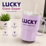 LUCKY Glass Sipper Mug with Handle & Straw | Leak-Proof Glass Tumbler | Hot & Cold Drink Cup