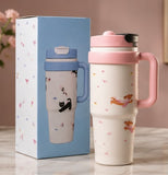 Cute Insulated Travel Tumbler with Handle & Straw – Reusable Coffee & Water Cup