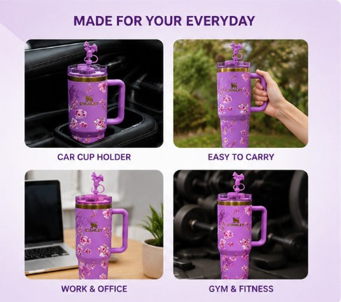 40oz Floral Stainless Steel Tumbler with Handle & Straw Lid