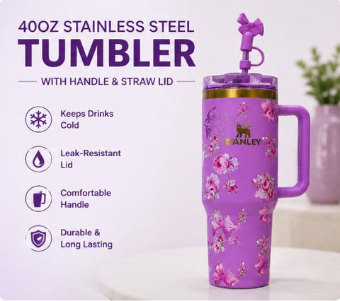40oz Floral Stainless Steel Tumbler with Handle & Straw Lid