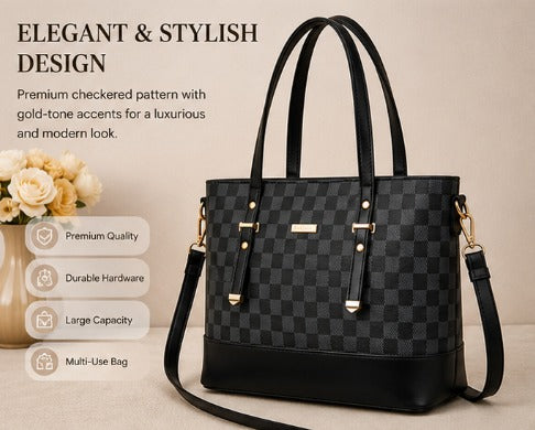 Premium Women’s Checkered Tote Handbag with Shoulder Strap | Large Capacity Office & Casual Bag