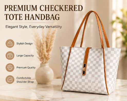 Premium Women’s Checkered Tote Handbag | Elegant Large Shoulder Bag
