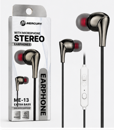 Mercury ME-13 Stereo Earphones with Microphone – Extra Bass Wired Earbuds (3.5mm Jack)