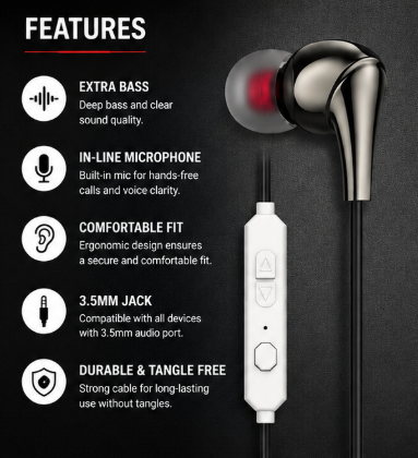 Mercury ME-13 Stereo Earphones with Microphone – Extra Bass Wired Earbuds (3.5mm Jack)