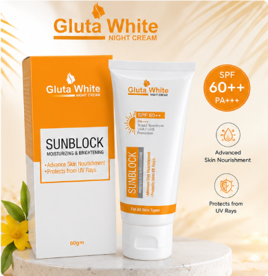 Gluta White Sunblock SPF 60++ PA+++ – Moisturizing & Brightening Sunscreen (60g)